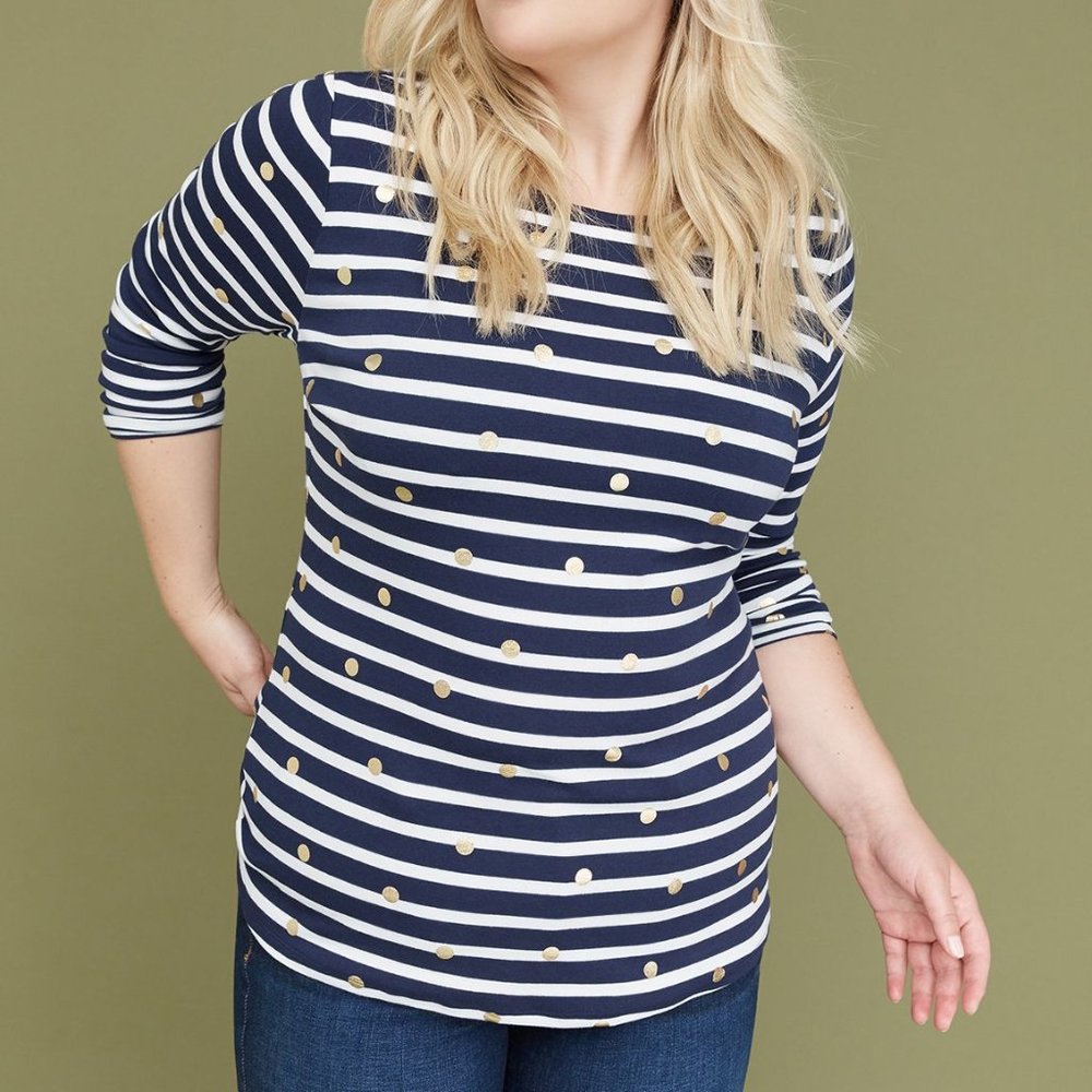 CREW-NECK TEE Navy stripes with gold polka dots